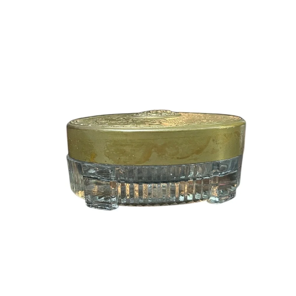 Vintage Art Deco Oval Glass Vanity Jars Set of 3 Brass Floral Embossed Lids
